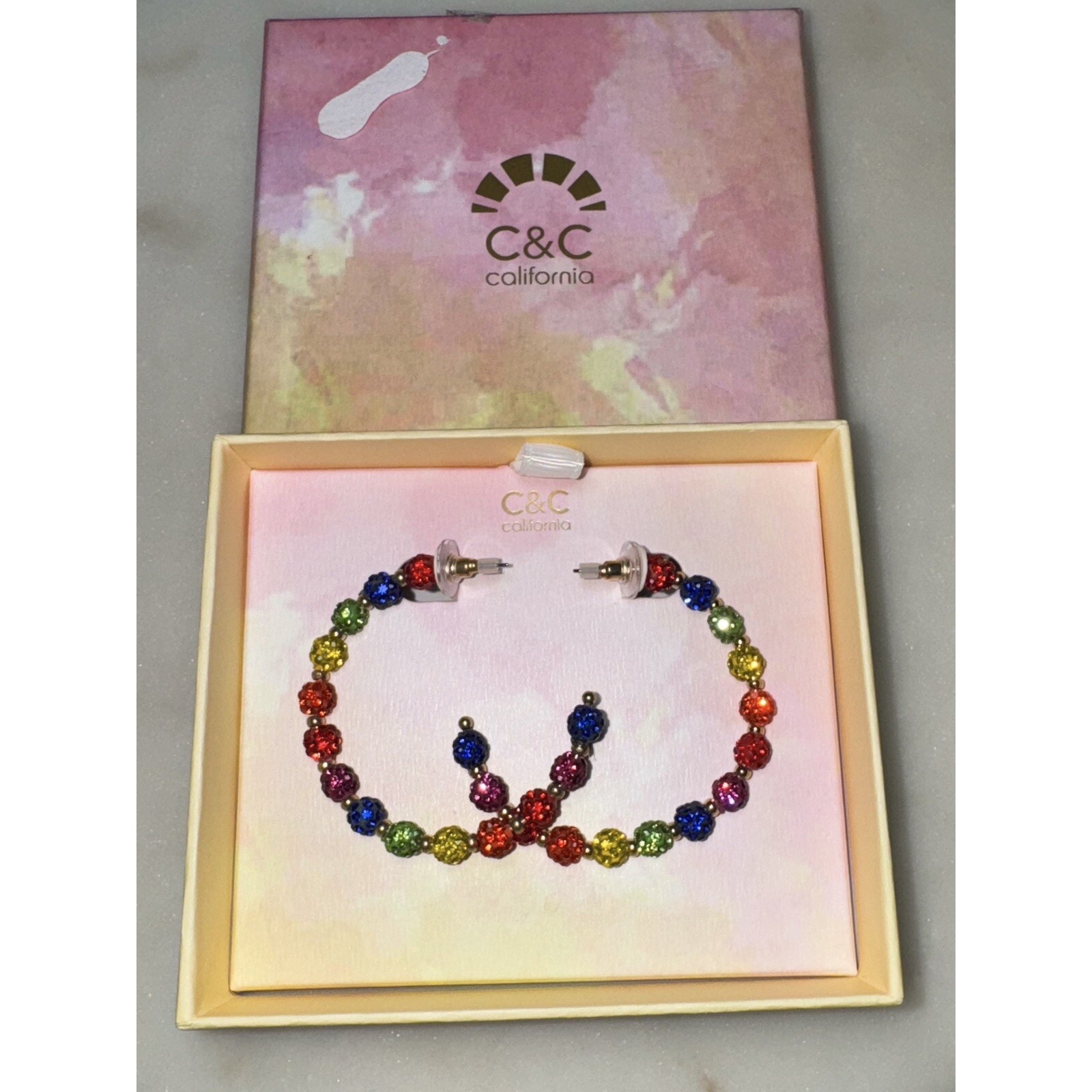 C & C California Gold Tone C-Hoop Earrings With Rainbow Crystal Fireballs Nib